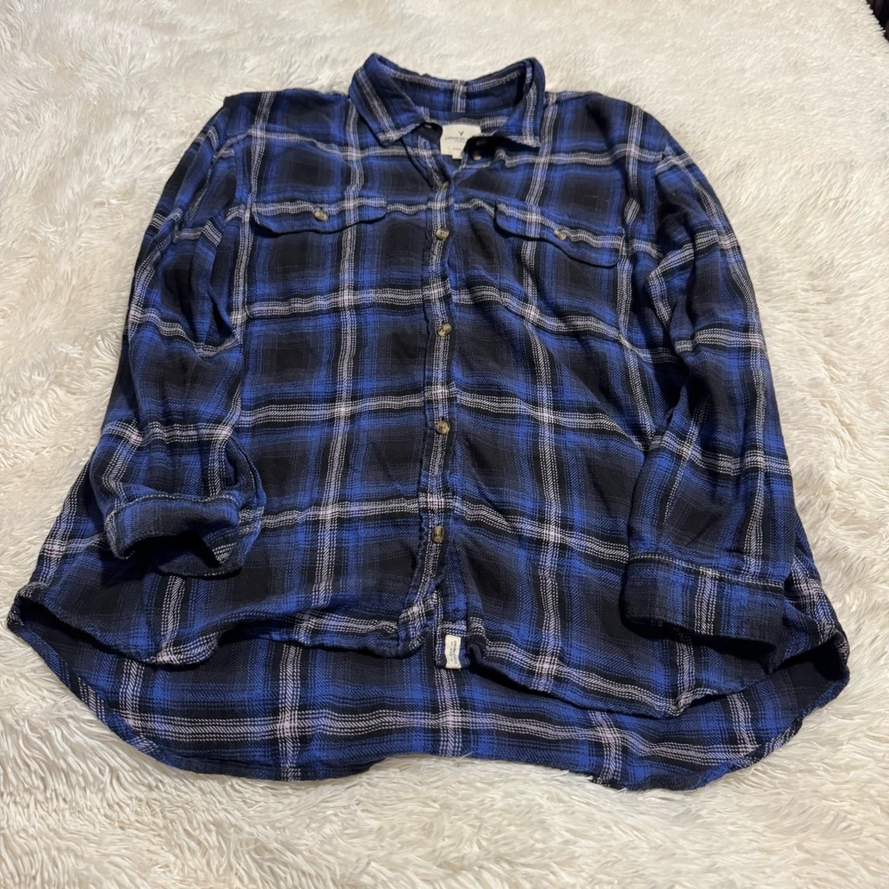 American Eagle Women's Plaid Blue, & Black Flannel Shirt Size L
